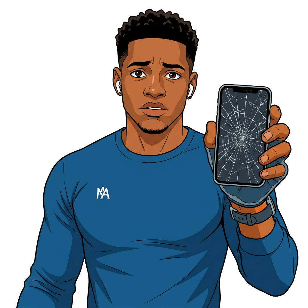 Worried customer holding a cracked phone