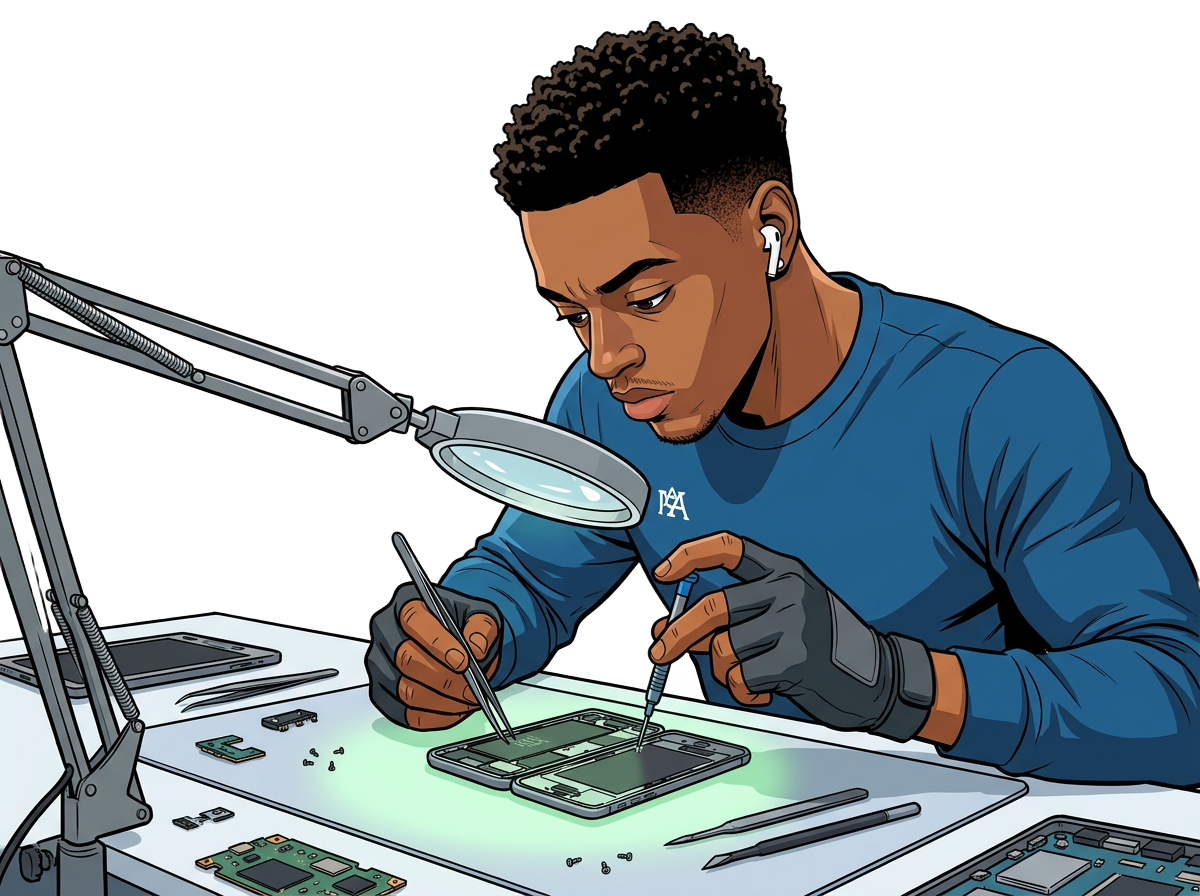 Gadgets Plus technician mascot hard at work repairing devices